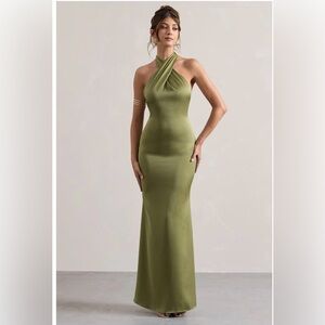 Unbeatable Olive Satin Cross Over Halter-Neck Maxi Dress Club L London